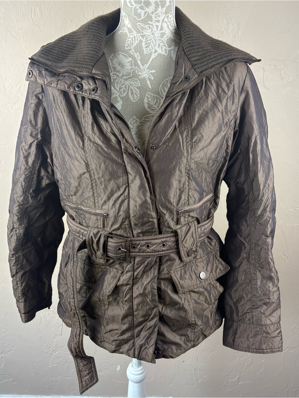 a.n.a. Brown Winter Coat Belted Sweater Collar Women’s Size Medium